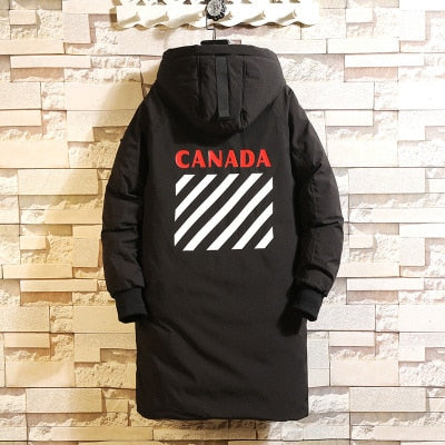 2019 Winter Men's Long Coat fashion Thick warm slim Casual hooded jackets Long sleeve printed high quality cotton jacket black