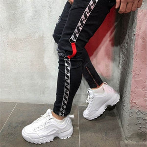 2019 Knee Hole Side Zipper Slim Distressed Jeans Men Ripped tore up streetwear  For Men slim stripe pants