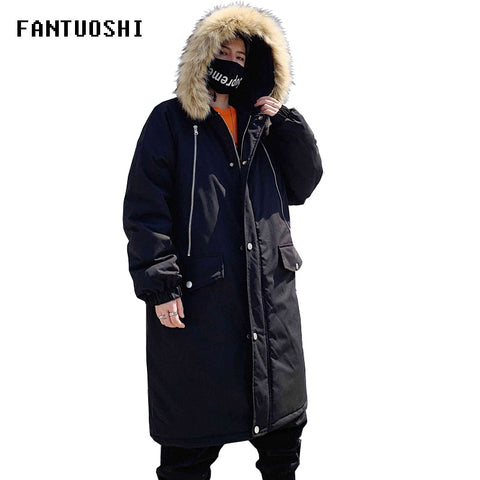 2019 Winter Men's Long Coat fashion Thick warm slim Casual hooded jackets Long sleeve printed high quality cotton jacket black