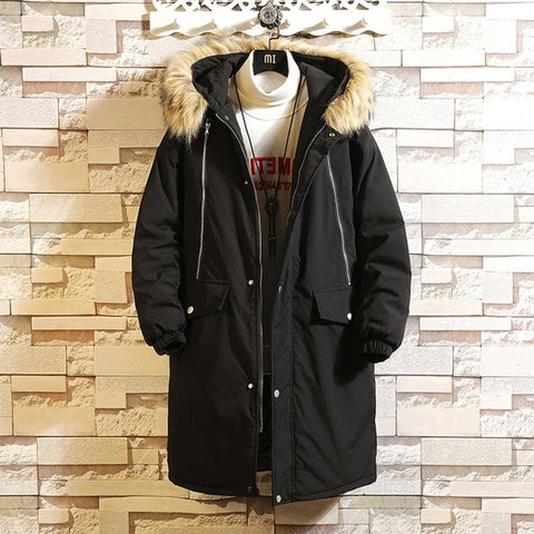 2019 Winter Men's Long Coat fashion Thick warm slim Casual hooded jackets Long sleeve printed high quality cotton jacket black