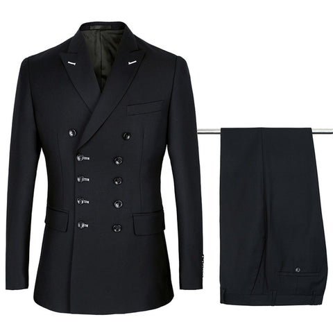 Shenrun Men Suits Slim Fit New Fashion Suit Double Breasted Peak Lapel Navy Blue Black Wedding Groom Party Prom Skinny Costume