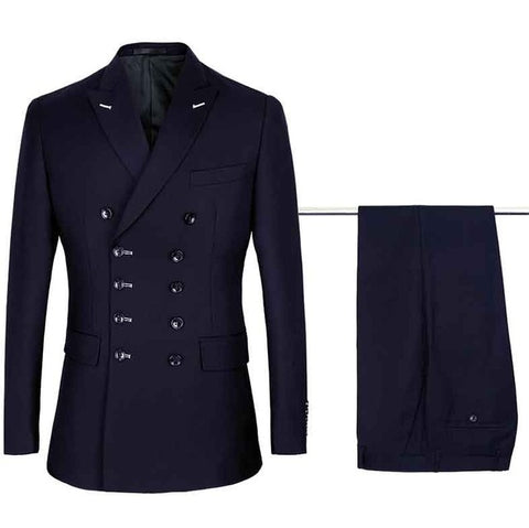 Shenrun Men Suits Slim Fit New Fashion Suit Double Breasted Peak Lapel Navy Blue Black Wedding Groom Party Prom Skinny Costume