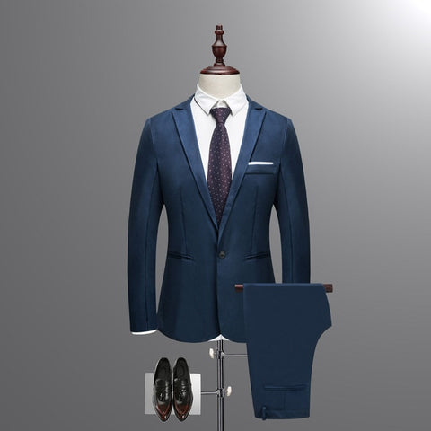 Jacket + Pant New Men Business Slim Suits Sets Solid Color Wedding Office Dress Two-piece Suit Blazers Coat Trousers Waistcoat