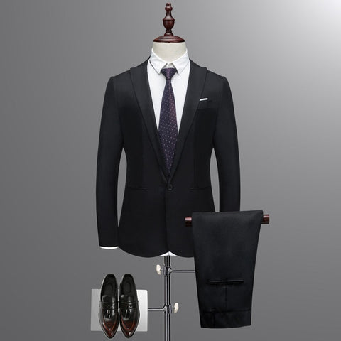 Jacket + Pant New Men Business Slim Suits Sets Solid Color Wedding Office Dress Two-piece Suit Blazers Coat Trousers Waistcoat