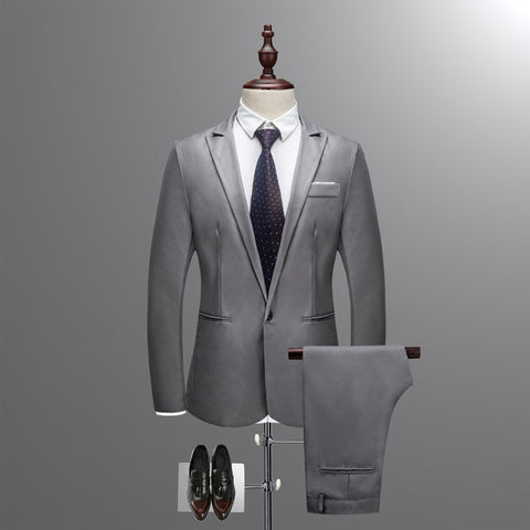 Jacket + Pant New Men Business Slim Suits Sets Solid Color Wedding Office Dress Two-piece Suit Blazers Coat Trousers Waistcoat