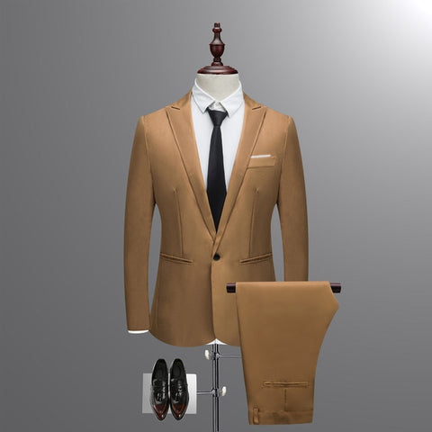 Jacket + Pant New Men Business Slim Suits Sets Solid Color Wedding Office Dress Two-piece Suit Blazers Coat Trousers Waistcoat