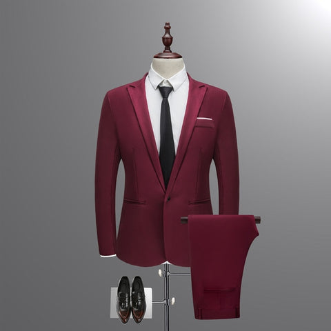 Jacket + Pant New Men Business Slim Suits Sets Solid Color Wedding Office Dress Two-piece Suit Blazers Coat Trousers Waistcoat