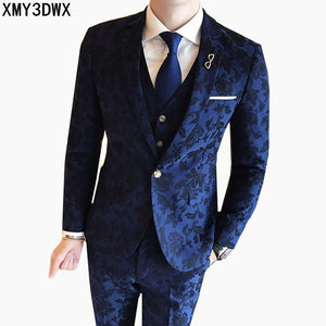 2018 Mens Suit With Pants Burgundy Floral Jacquard Wedding Prom Suits for Men Slim Fit 3 Pieces / Set (Jacket+Vest+Pants)
