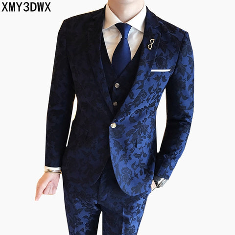 2018 Mens Suit With Pants Burgundy Floral Jacquard Wedding Prom Suits for Men Slim Fit 3 Pieces / Set (Jacket+Vest+Pants)