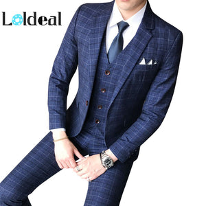 Loldeal Male Formal Business Plaids Suit for Men's Fashion Boutique Plaid Wedding Dress Suit  ( Jacket + Vest + Pants )