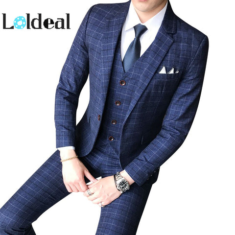 Loldeal Male Formal Business Plaids Suit for Men's Fashion Boutique Plaid Wedding Dress Suit  ( Jacket + Vest + Pants )