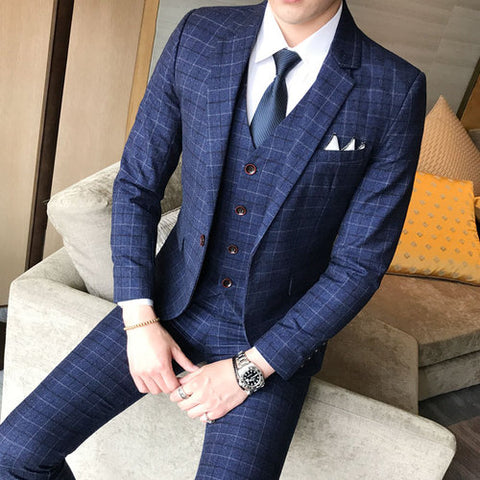 Loldeal Male Formal Business Plaids Suit for Men's Fashion Boutique Plaid Wedding Dress Suit  ( Jacket + Vest + Pants )