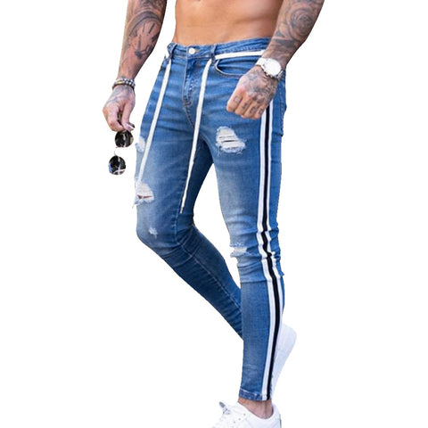CYSINCOS Trendy Men Skinny Jeans Biker Destroyed Frayed Fit Denim Ripped Denim Pants Side Stripe Pencil Pants Hip Hop Streetwear