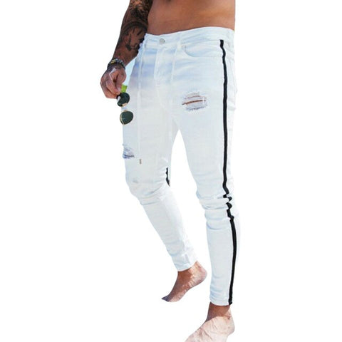 CYSINCOS Trendy Men Skinny Jeans Biker Destroyed Frayed Fit Denim Ripped Denim Pants Side Stripe Pencil Pants Hip Hop Streetwear
