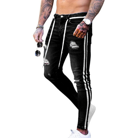 CYSINCOS Trendy Men Skinny Jeans Biker Destroyed Frayed Fit Denim Ripped Denim Pants Side Stripe Pencil Pants Hip Hop Streetwear