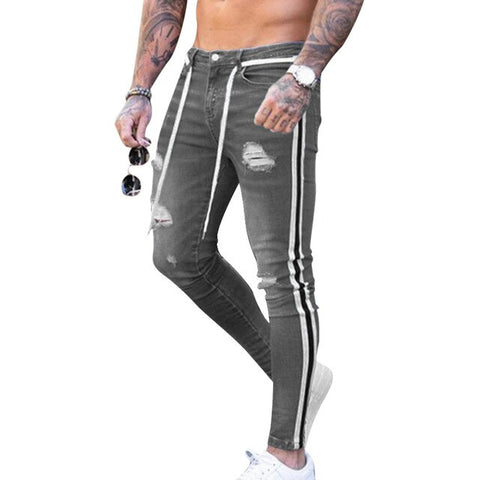 CYSINCOS Trendy Men Skinny Jeans Biker Destroyed Frayed Fit Denim Ripped Denim Pants Side Stripe Pencil Pants Hip Hop Streetwear