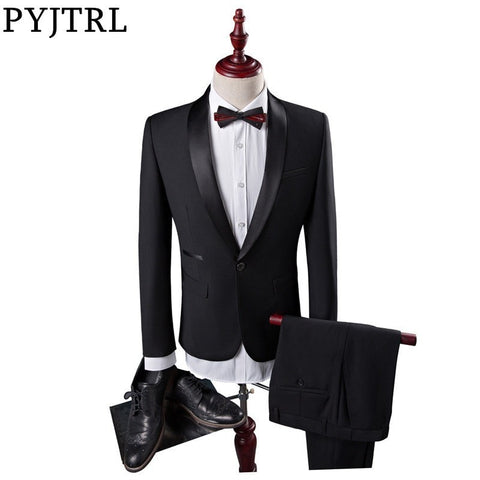 PYJTRL Mens Classic Shawl Lapel Black Two-piece Set Suits Wedding Groom Evening Party Prom Dress Tuxedo Costume Homme Men Suit