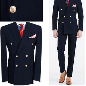 Custom Big Skinny Men Suit Slim Fit Men Wedding Suits Navy Blue Peaked Lapel Double Breasted Formal Men Suits 2 Piece Groom Suit