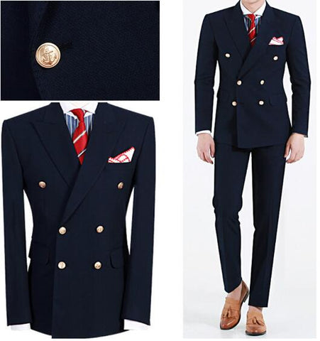 Custom Big Skinny Men Suit Slim Fit Men Wedding Suits Navy Blue Peaked Lapel Double Breasted Formal Men Suits 2 Piece Groom Suit