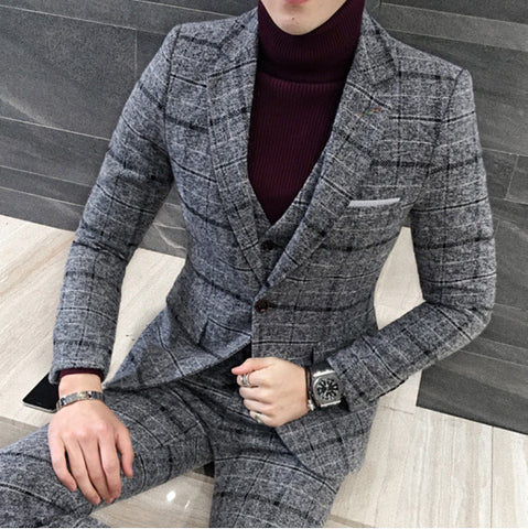 3 Pieces 2019 Suits Men British New Style  Designs Royal Blue Mens Suit Autumn Winter Thick Slim Fit Plaid Wedding Dress Tuxedos