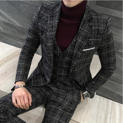 3 Pieces 2019 Suits Men British New Style  Designs Royal Blue Mens Suit Autumn Winter Thick Slim Fit Plaid Wedding Dress Tuxedos