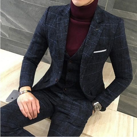 3 Pieces 2019 Suits Men British New Style  Designs Royal Blue Mens Suit Autumn Winter Thick Slim Fit Plaid Wedding Dress Tuxedos