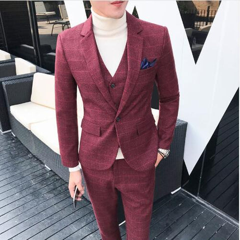 3 Pieces 2019 Suits Men British New Style  Designs Royal Blue Mens Suit Autumn Winter Thick Slim Fit Plaid Wedding Dress Tuxedos