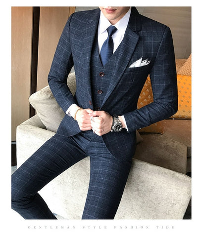 3 Pieces 2019 Suits Men British New Style  Designs Royal Blue Mens Suit Autumn Winter Thick Slim Fit Plaid Wedding Dress Tuxedos