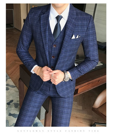 3 Pieces 2019 Suits Men British New Style  Designs Royal Blue Mens Suit Autumn Winter Thick Slim Fit Plaid Wedding Dress Tuxedos