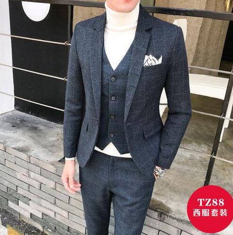 3 Pieces 2019 Suits Men British New Style  Designs Royal Blue Mens Suit Autumn Winter Thick Slim Fit Plaid Wedding Dress Tuxedos