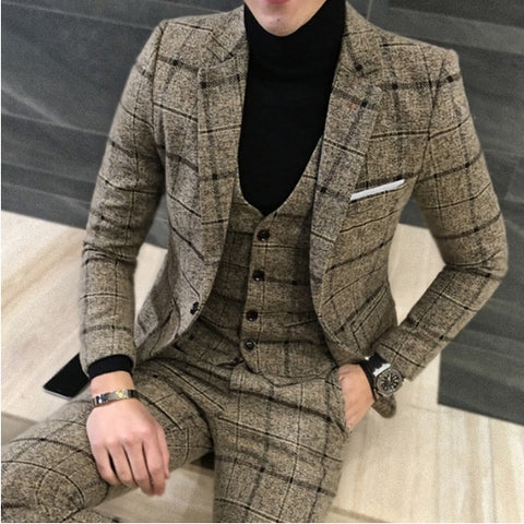 3 Pieces 2019 Suits Men British New Style  Designs Royal Blue Mens Suit Autumn Winter Thick Slim Fit Plaid Wedding Dress Tuxedos