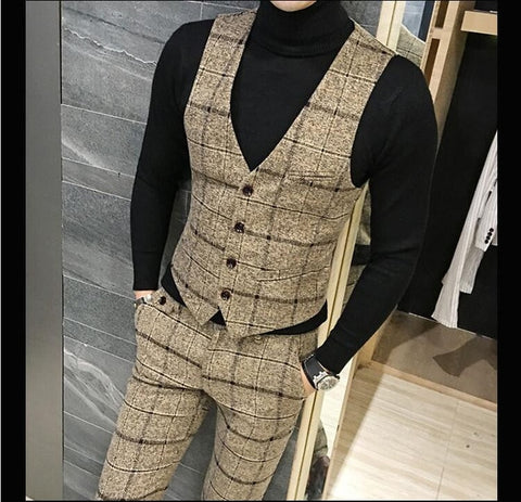 3 Pieces 2019 Suits Men British New Style  Designs Royal Blue Mens Suit Autumn Winter Thick Slim Fit Plaid Wedding Dress Tuxedos