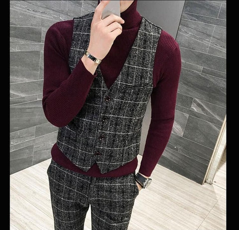 3 Pieces 2019 Suits Men British New Style  Designs Royal Blue Mens Suit Autumn Winter Thick Slim Fit Plaid Wedding Dress Tuxedos