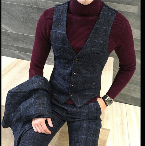3 Pieces 2019 Suits Men British New Style  Designs Royal Blue Mens Suit Autumn Winter Thick Slim Fit Plaid Wedding Dress Tuxedos